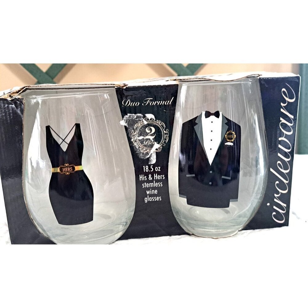 Circleware Duo Formal 18.5 ounce His & Hers Stemless Wine Glasses New in Box
